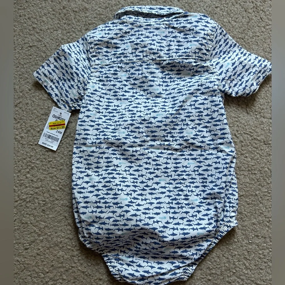 Oshkosh B’Gosh Baby Boy Blue Shark Pattern Button Up Bodysuit 24M
